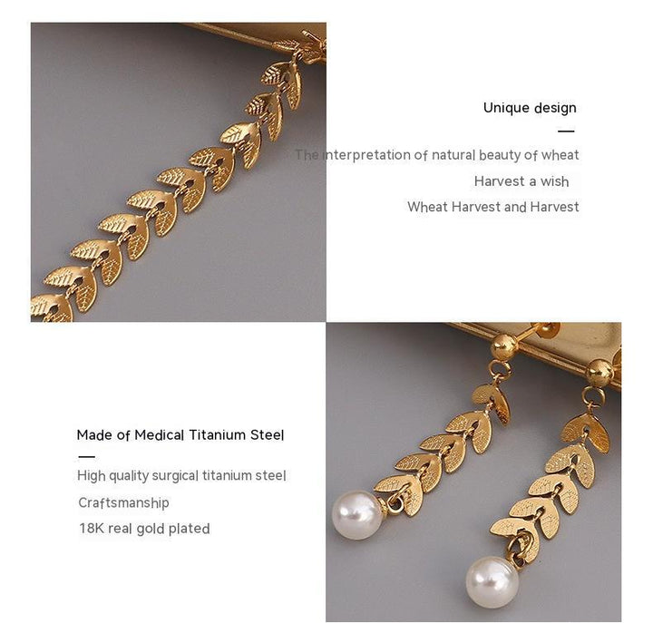 Wheat Leaves Phoenix Tail Necklace &  Pearl Earrings Jewelry. Titanium Steel Plated 18K Gold Color Protection - FZ ALLURES