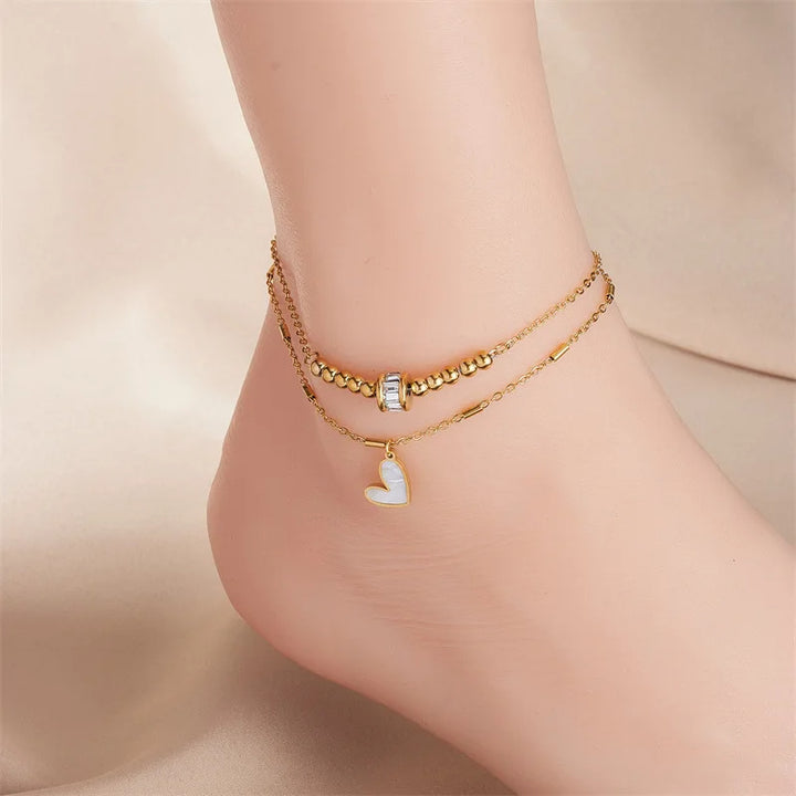 Love Heart Ankle Chain Double Layer Chain Bracelet Anklet - FZ ALLURES