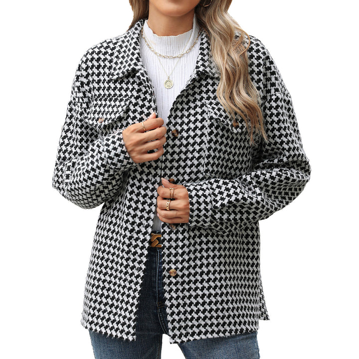 Fashion Houndstooth Lapel Tweed Coat - FZ ALLURES