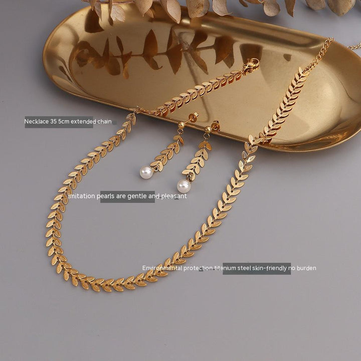 Wheat Leaves Phoenix Tail Necklace &  Pearl Earrings Jewelry. Titanium Steel Plated 18K Gold Color Protection - FZ ALLURES