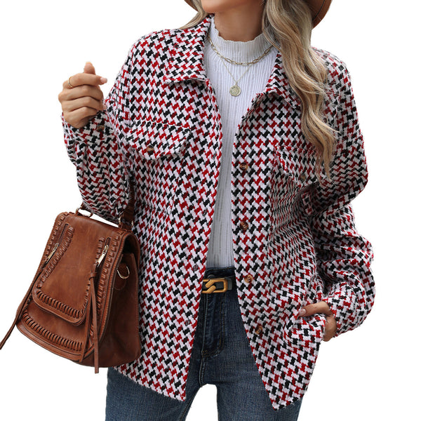 Fashion Houndstooth Lapel Tweed Coat - FZ ALLURES